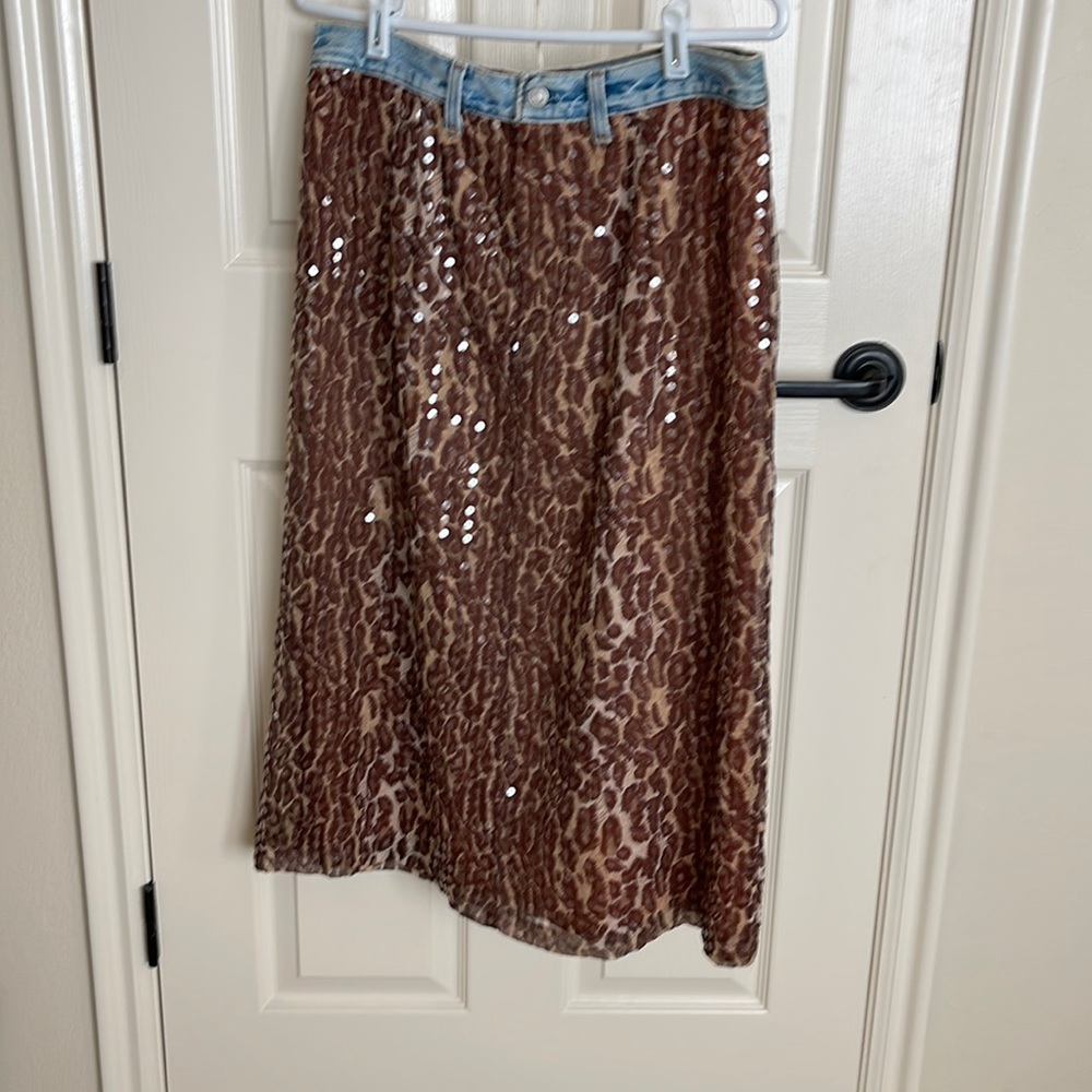 Sequin Leopard Print A-Line Skirt - Brown